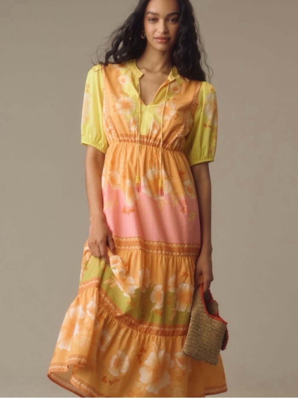 NWT Farm Rio Short-Sleeve Tiered Midi Sunshine Floral Dress